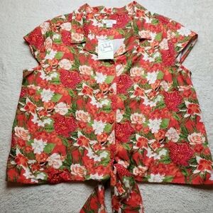 NEW Christopher & Banks Floral Womens Cropped Top Tie Hem Capped Sleeves Size XL